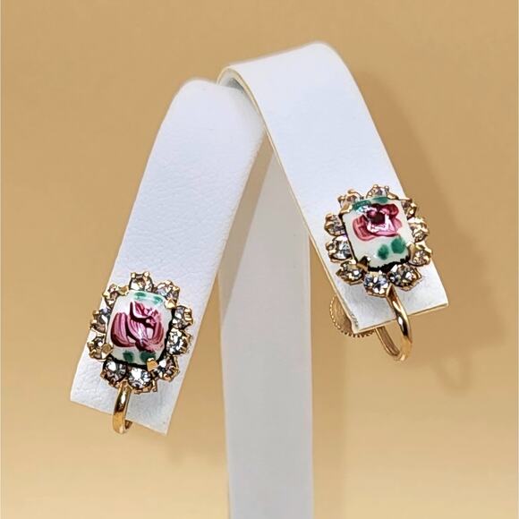 Vintage Vargas Guilloche Rose Enamel Rhinestone Earrings 1940s Screw-back Signed - Picture 2 of 8